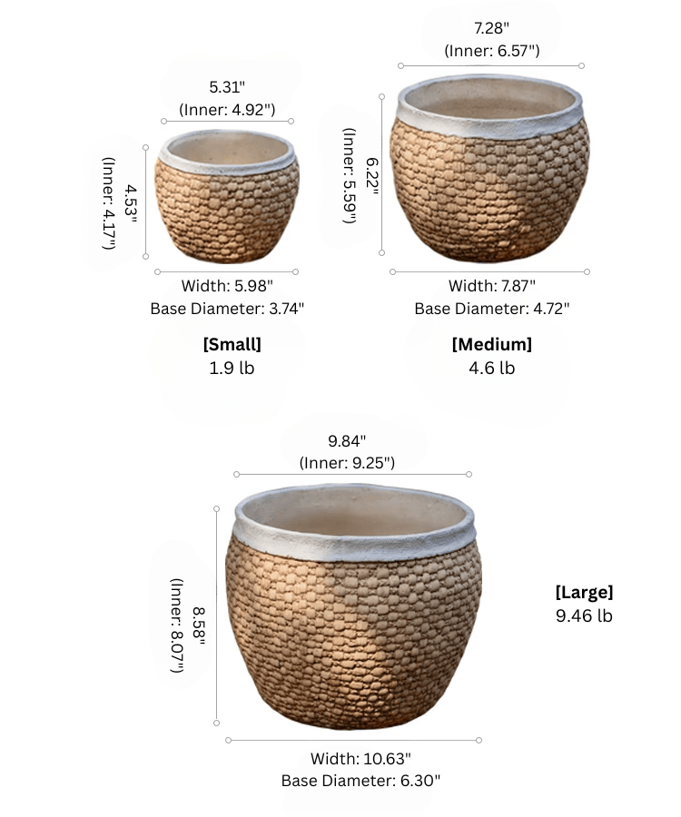 Size chart for the woven texture cement planter in small, medium and large with dimensions