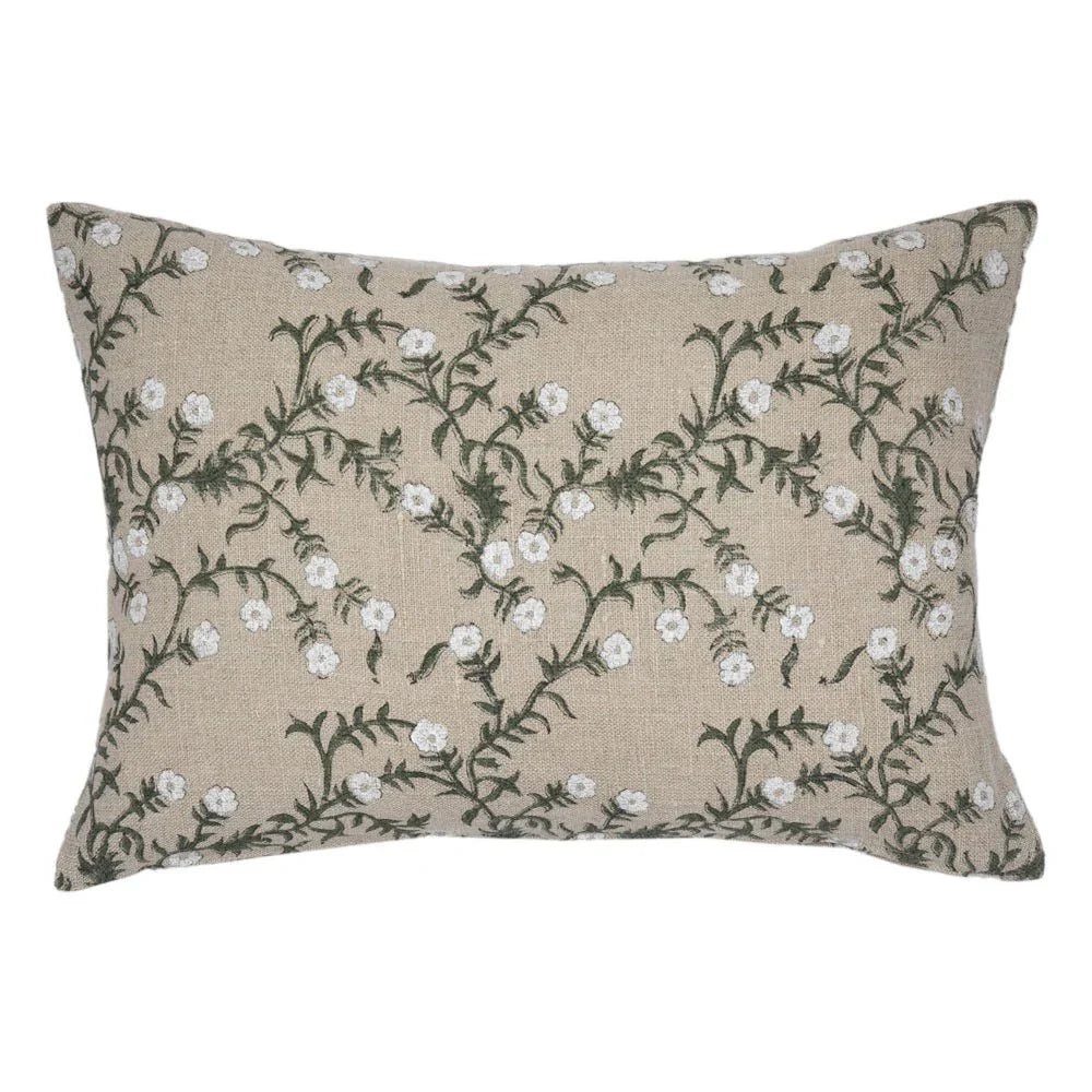 Jameera Linen Floral Pillow Cover, Olive on Natural