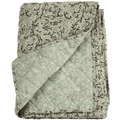Folded quilted linen coverlet in sage green block print with dark vines, corner turned back to show the paler reverse