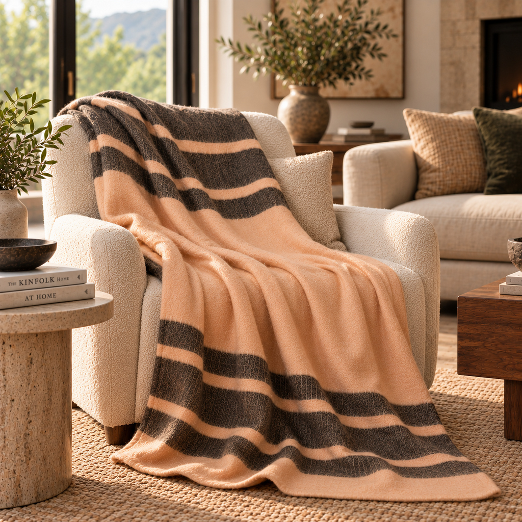 Kallpa Alpaca Throw, Peach and Charcoal