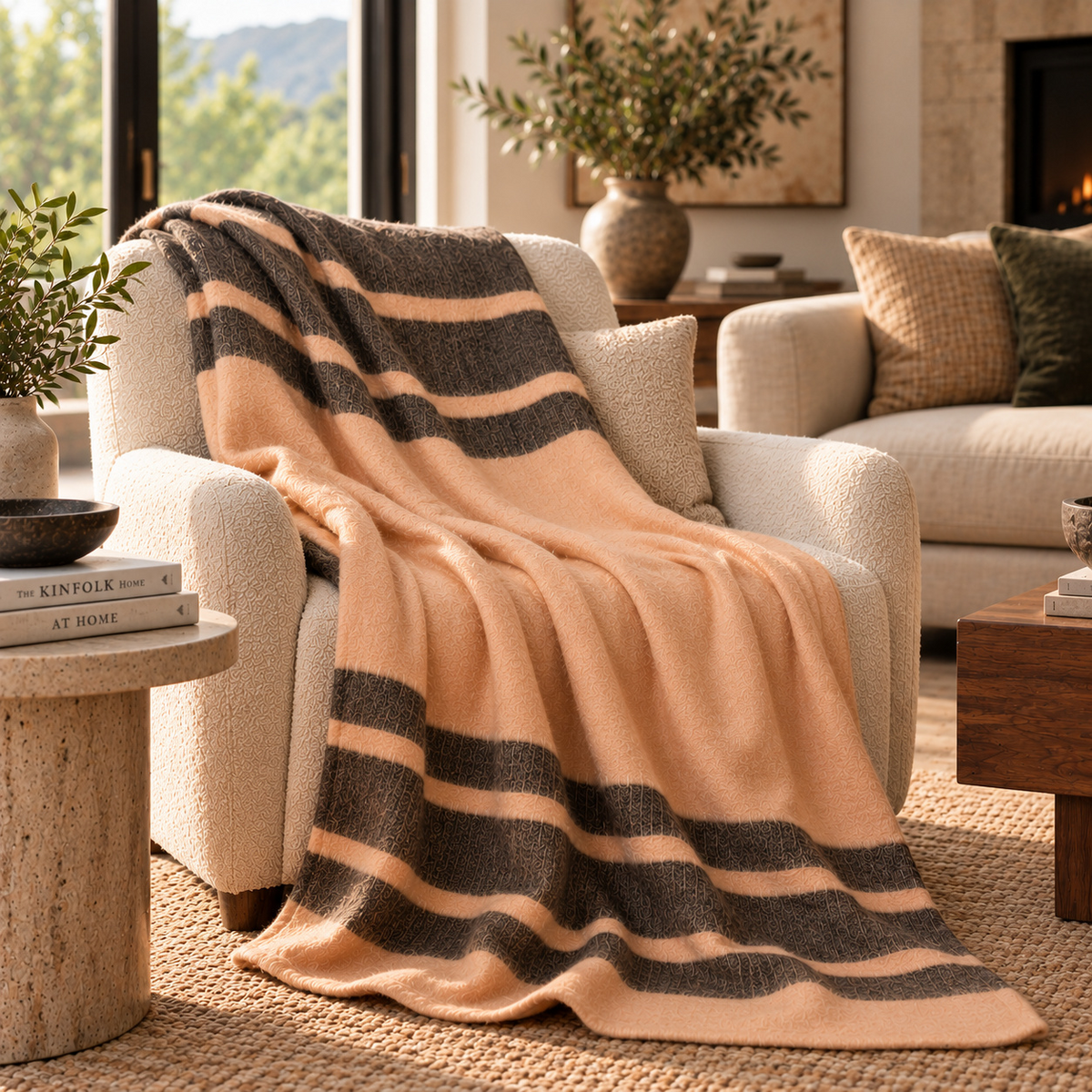 Kallpa Alpaca Throw, Peach and Charcoal