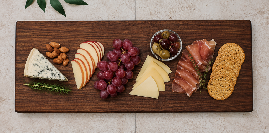 Large walnut board set with cheeses, cured meats, apple slices, grapes and crackers on pale stone