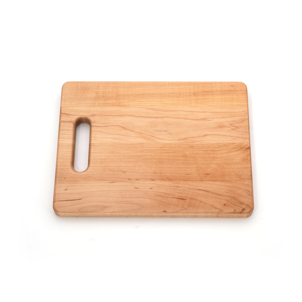 Maple single handle cutting board, 12 x 9 in, slightly angled view on white showing warm grain