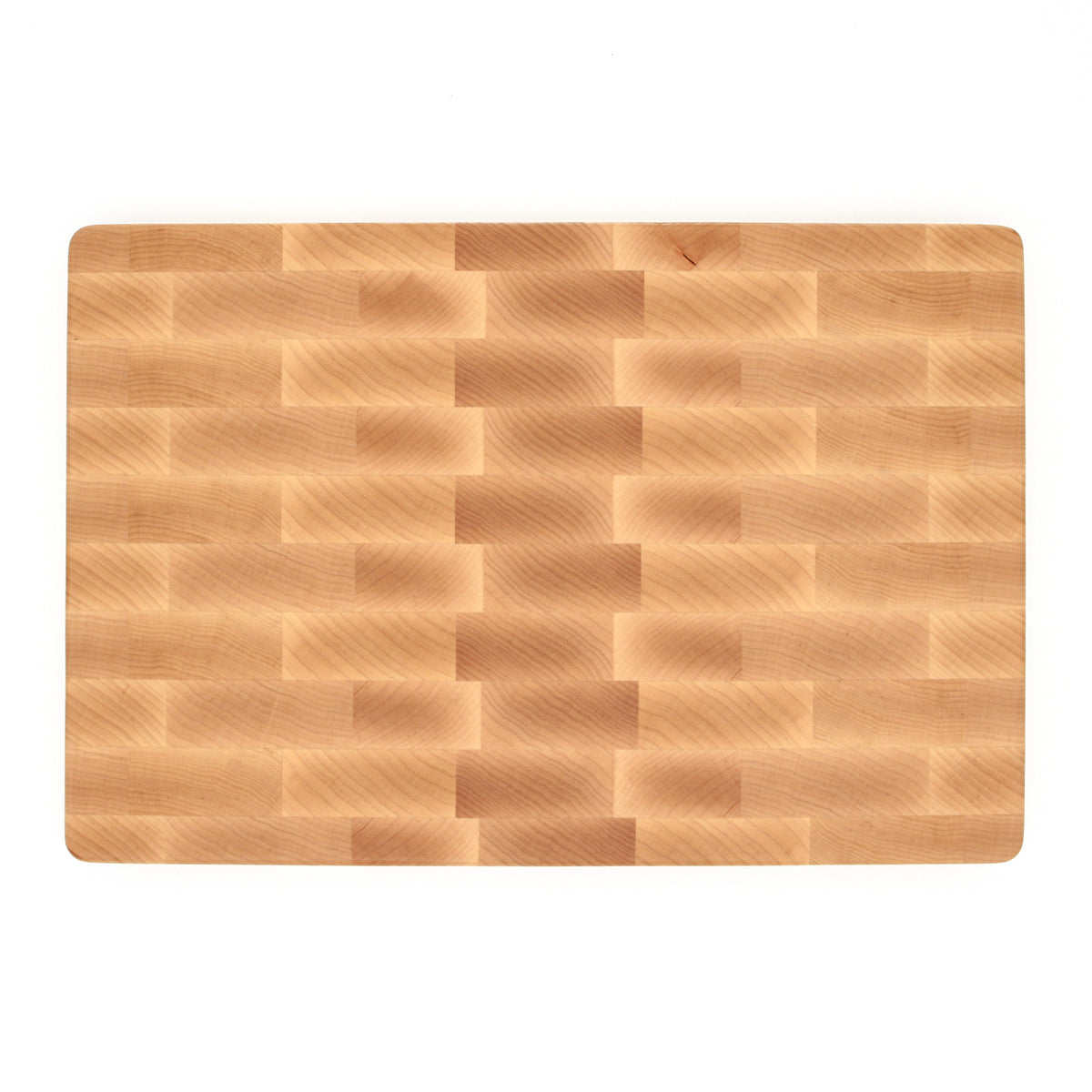 End grain maple cutting board, 18 x 12 in, straight overhead view of the brick pattern on white