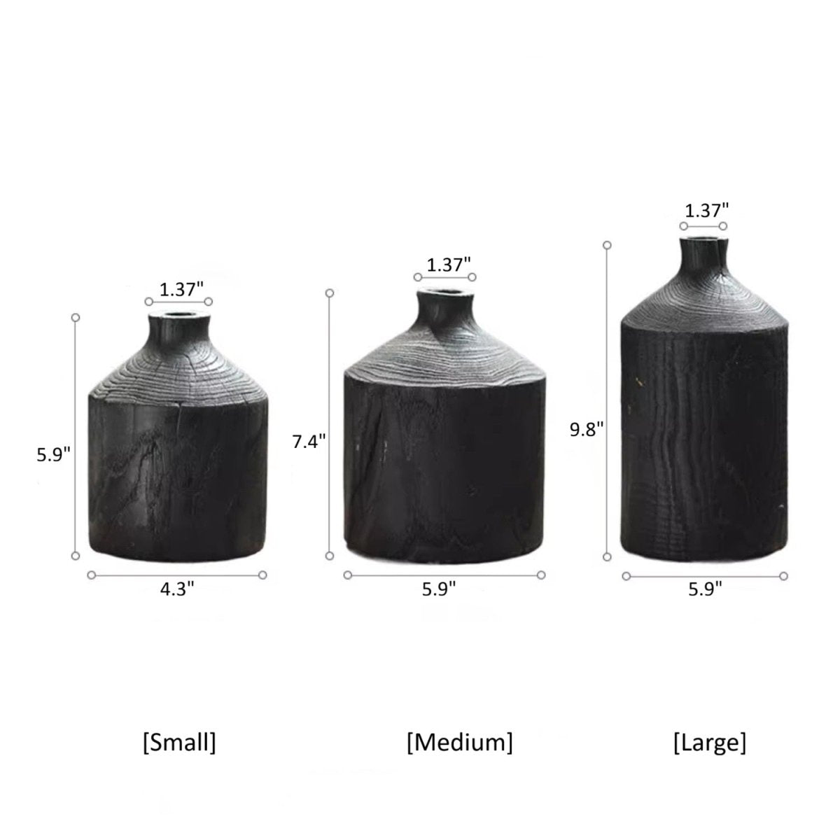 Size chart for the black wood bottle vase: small 5.9 in, medium 7.4 in, large 9.8 in tall, 1.37 in opening