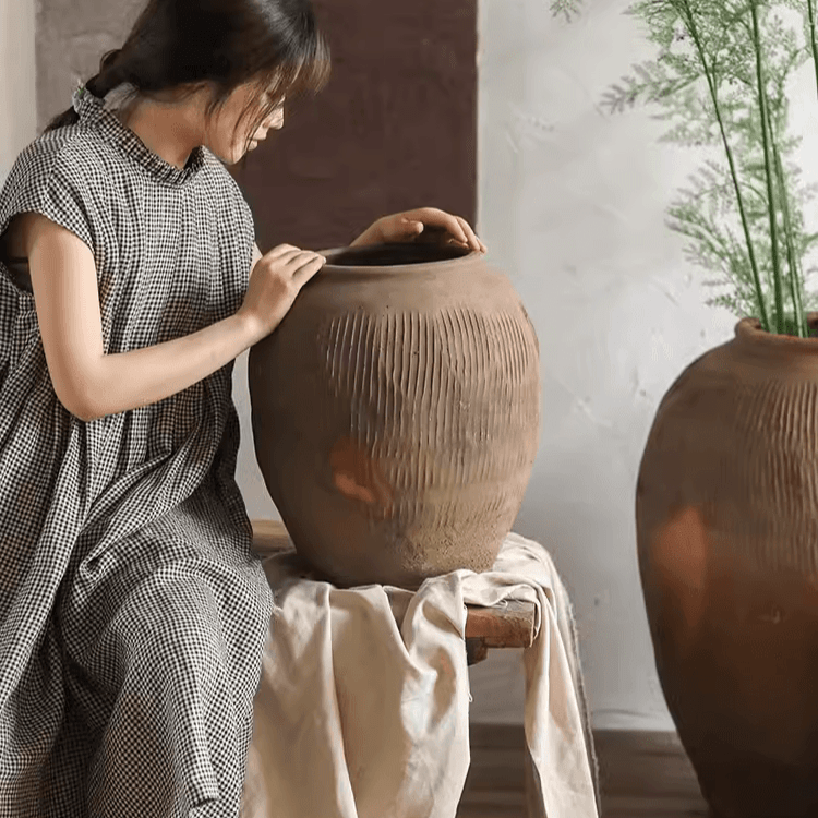 Round Earthenware Planter Pot, Brown, another angle