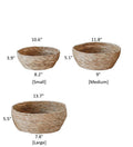 Size chart for the seagrass bowl basket in small, medium and large with top, base and height in inches