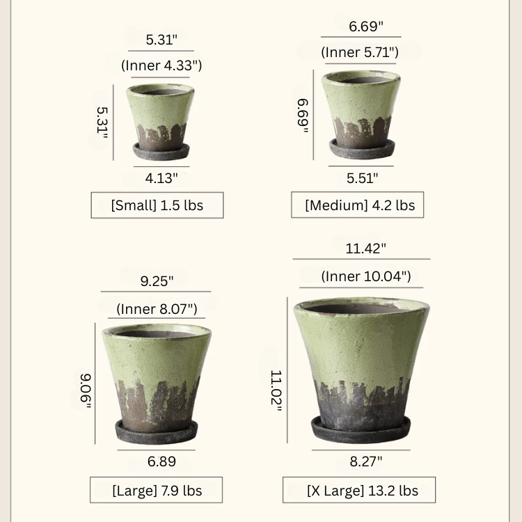 Size chart for the crackle glaze ceramic planter in small, medium, large and x-large with weights