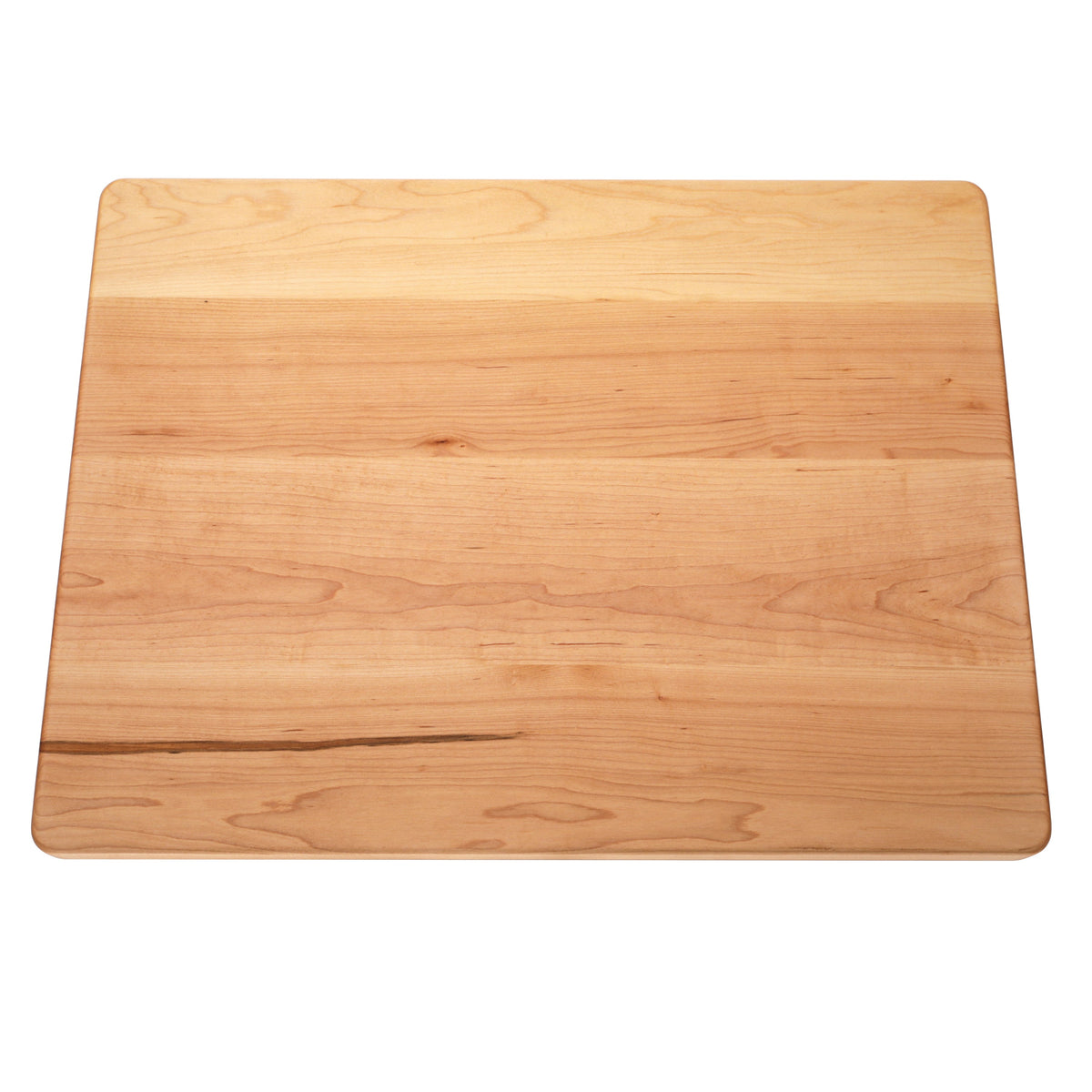 Extra large thick maple cutting board, 24 x 18 in, angled overhead view showing one dark grain streak