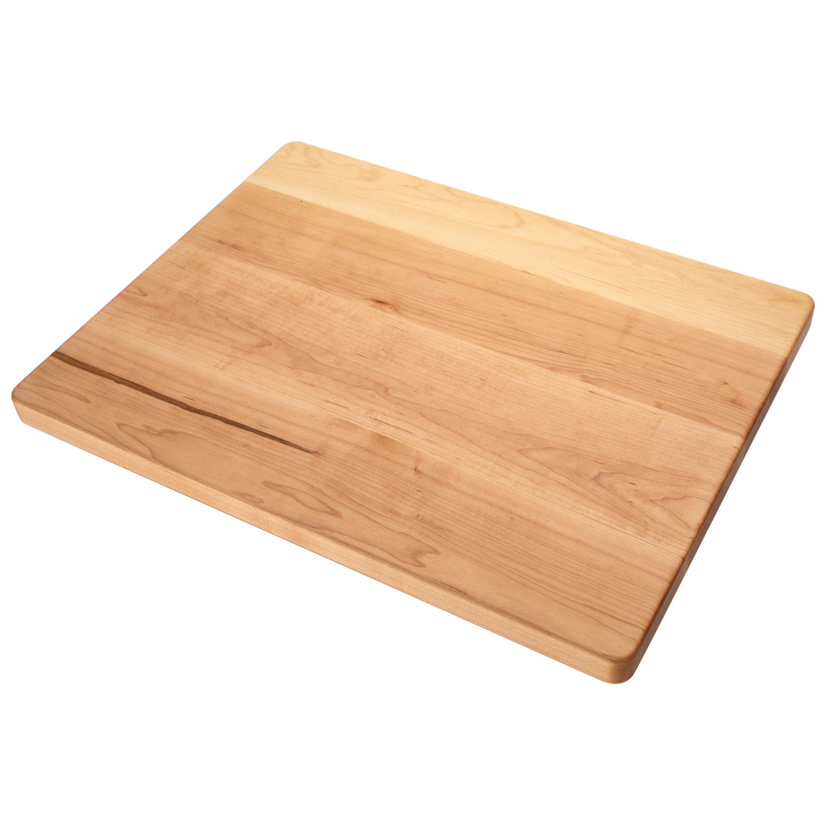 Extra large thick maple cutting board, 24 x 18 in, angled view with pale striped grain on white
