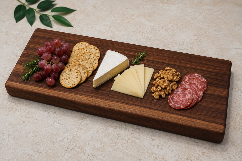 Walnut serving board set with crackers, brie, grapes, nuts and salami on a light stone surface
