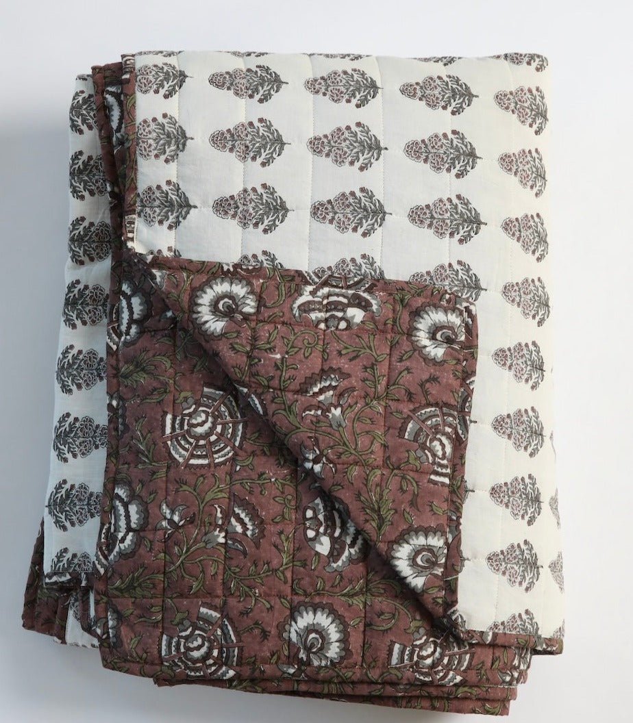 Ruby Cotton Block Print Quilted Coverlet, detail view