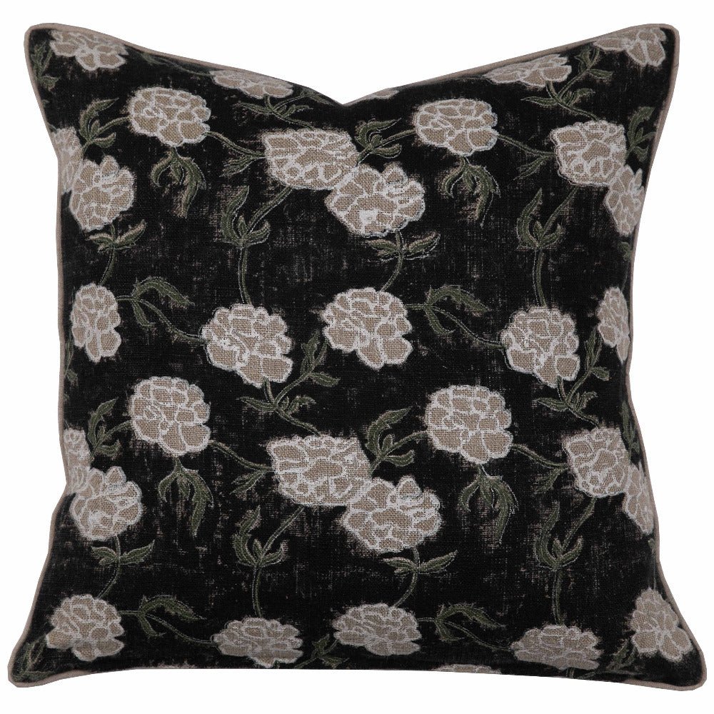 Maria Linen Floral Pillow Cover, Noir