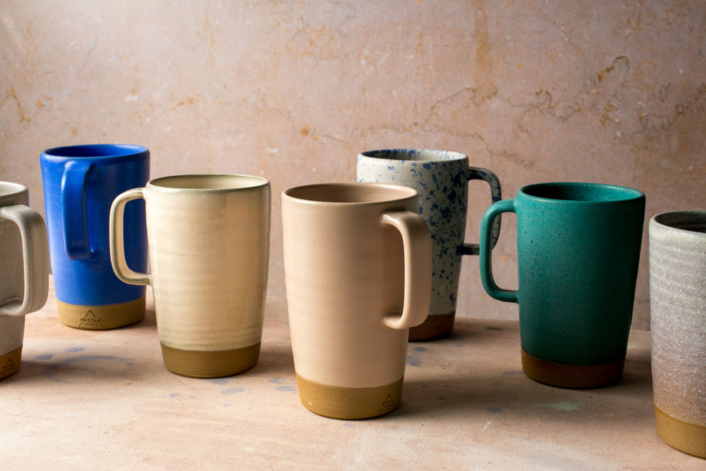 Hand-Thrown Stoneware Latte Mug styled on a wood table with linen in a modern Southwest room