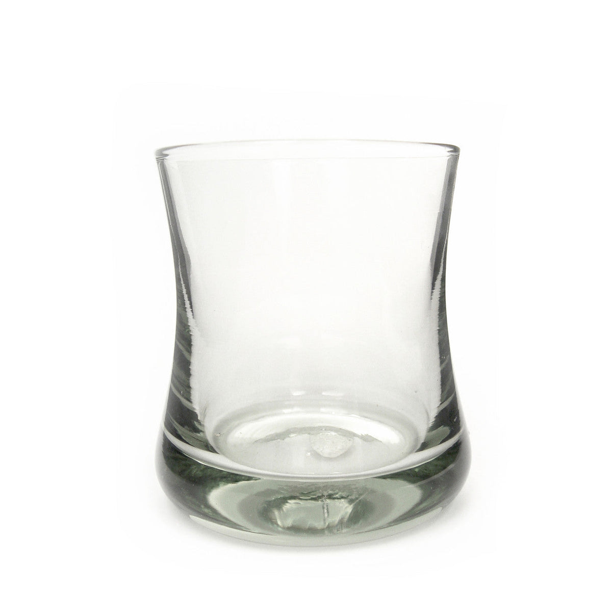 Clear handblown recycled glass cocktail tumbler with a curved waist and thick base on a white background