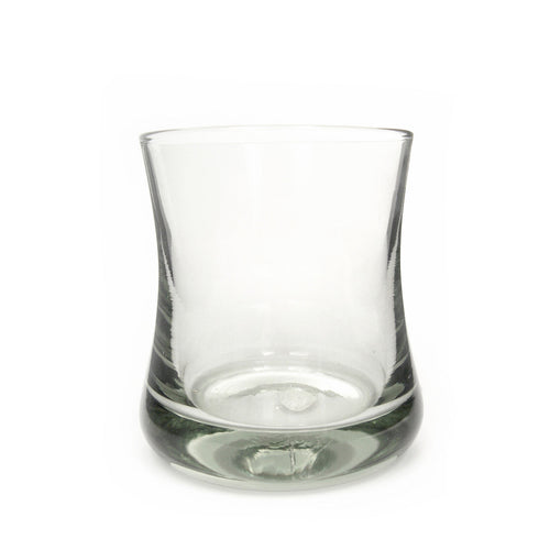 Clear handblown recycled glass cocktail tumbler with a curved waist and thick base on a white background