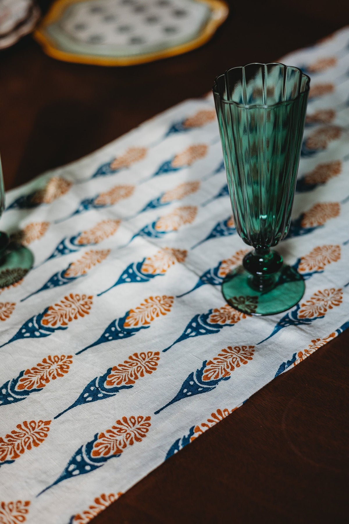 Bahaar Hand-Printed Table Runner, Ginger and Blue, alternate view