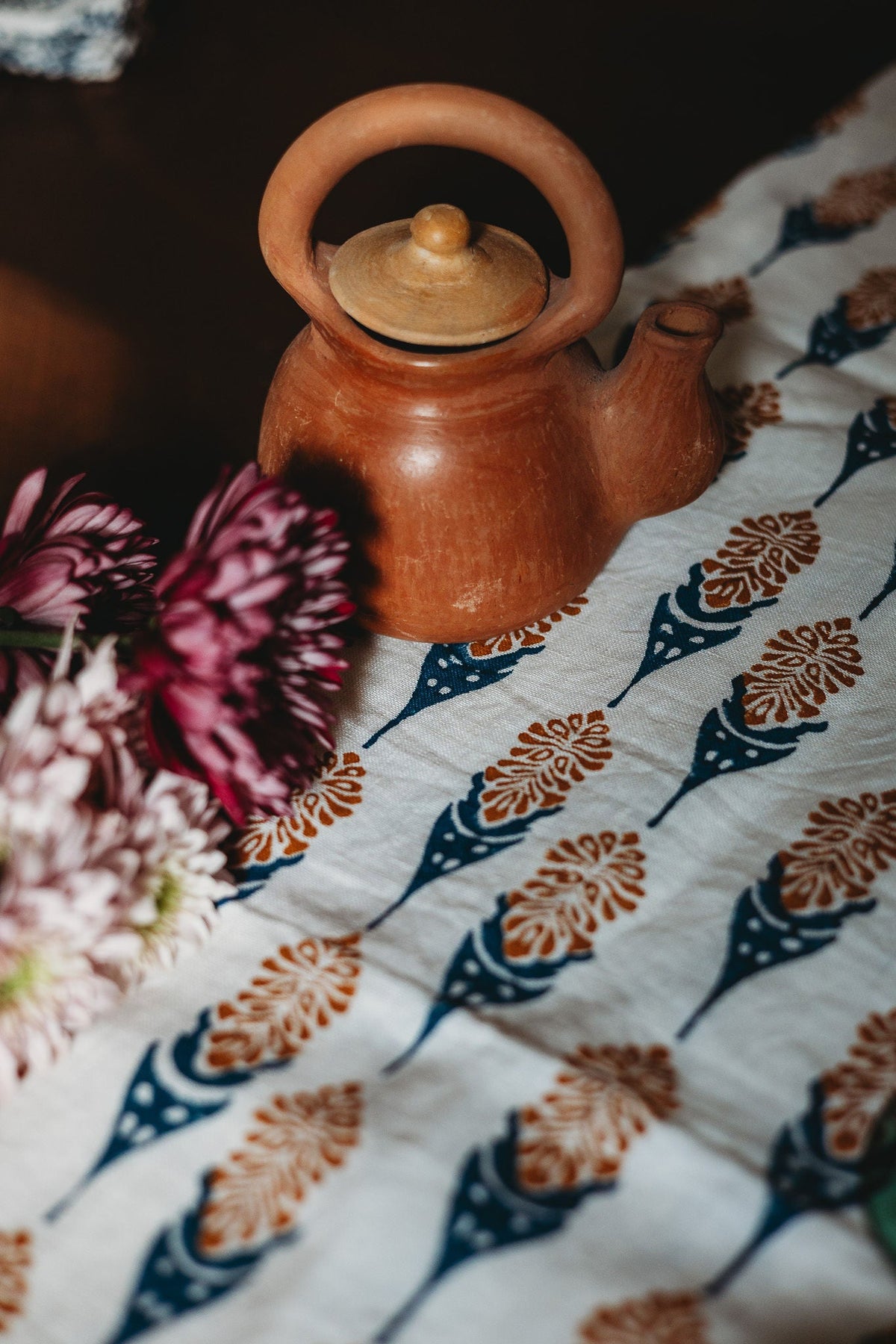 Bahaar Hand-Printed Table Runner, Ginger and Blue, another angle