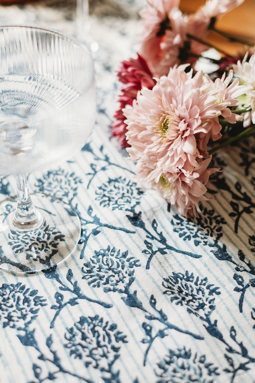 Nikhar Hand-Printed Linen Runner, Azure Blue, detail view