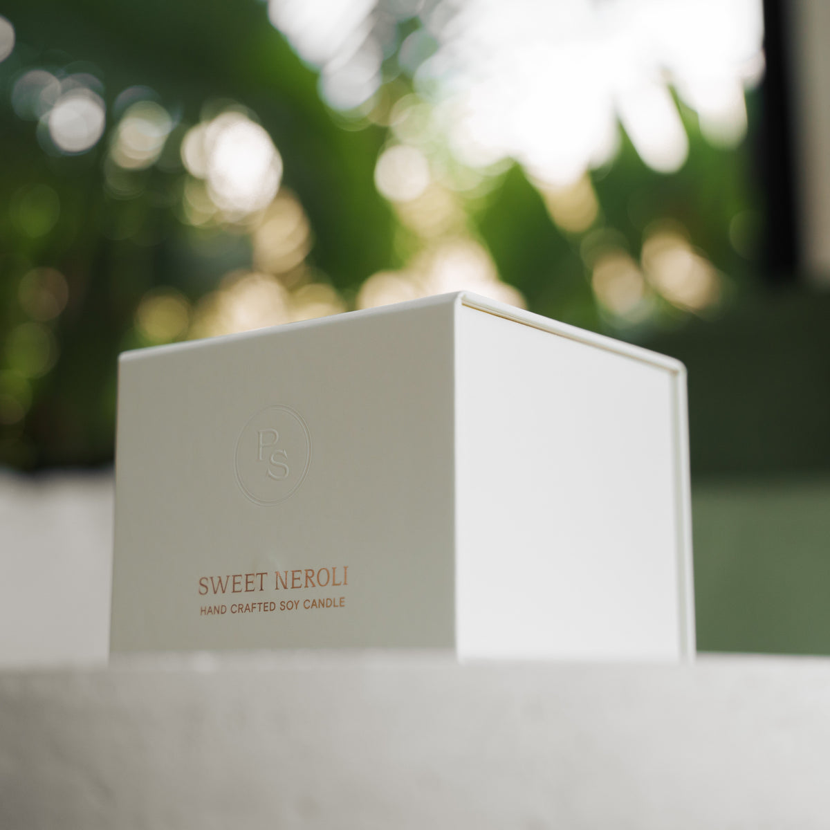 White Sweet Neroli candle gift box with gold lettering on a pale ledge against green foliage