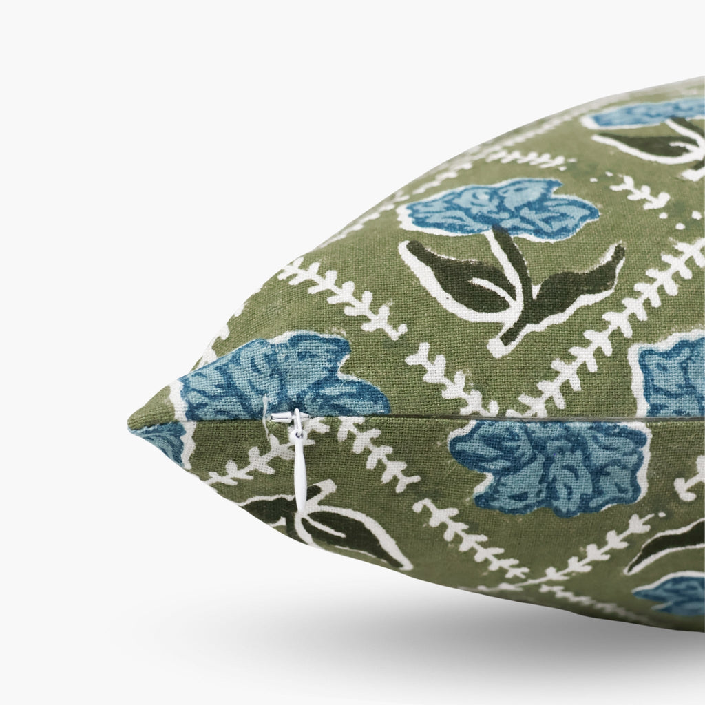 Noor Throw Pillow Cover, Olive and Blue, another angle