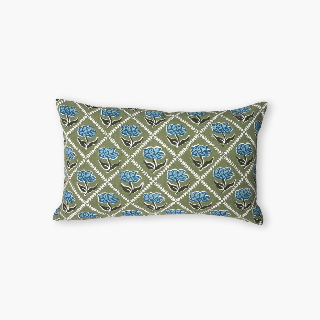 Noor Lumbar Pillow Cover, Olive and Blue