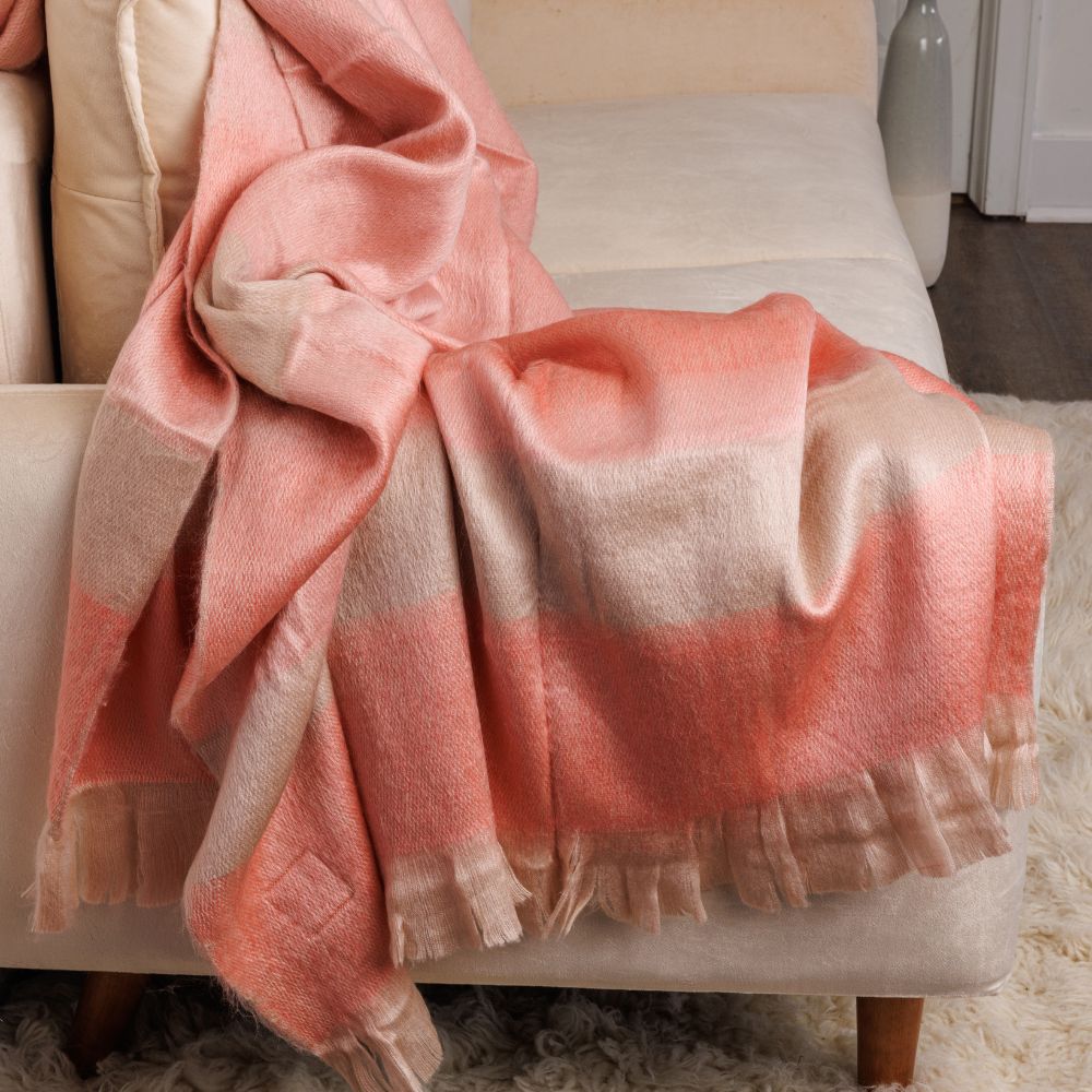 Kallpa Alpaca Throw, Faded Coral with Eyelash Trim, detail view