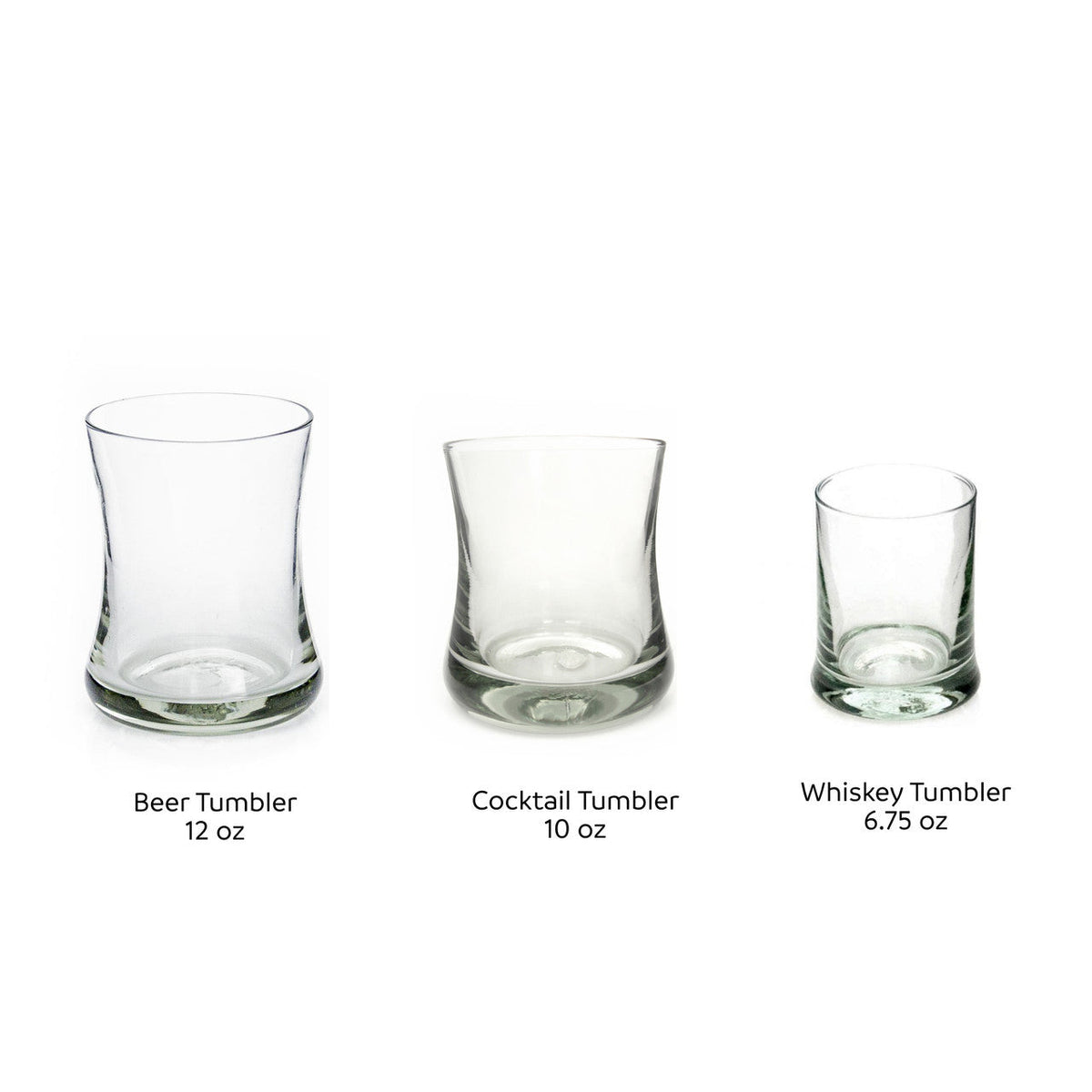 Three recycled glass tumblers in beer, cocktail and whiskey sizes shown side by side with labels