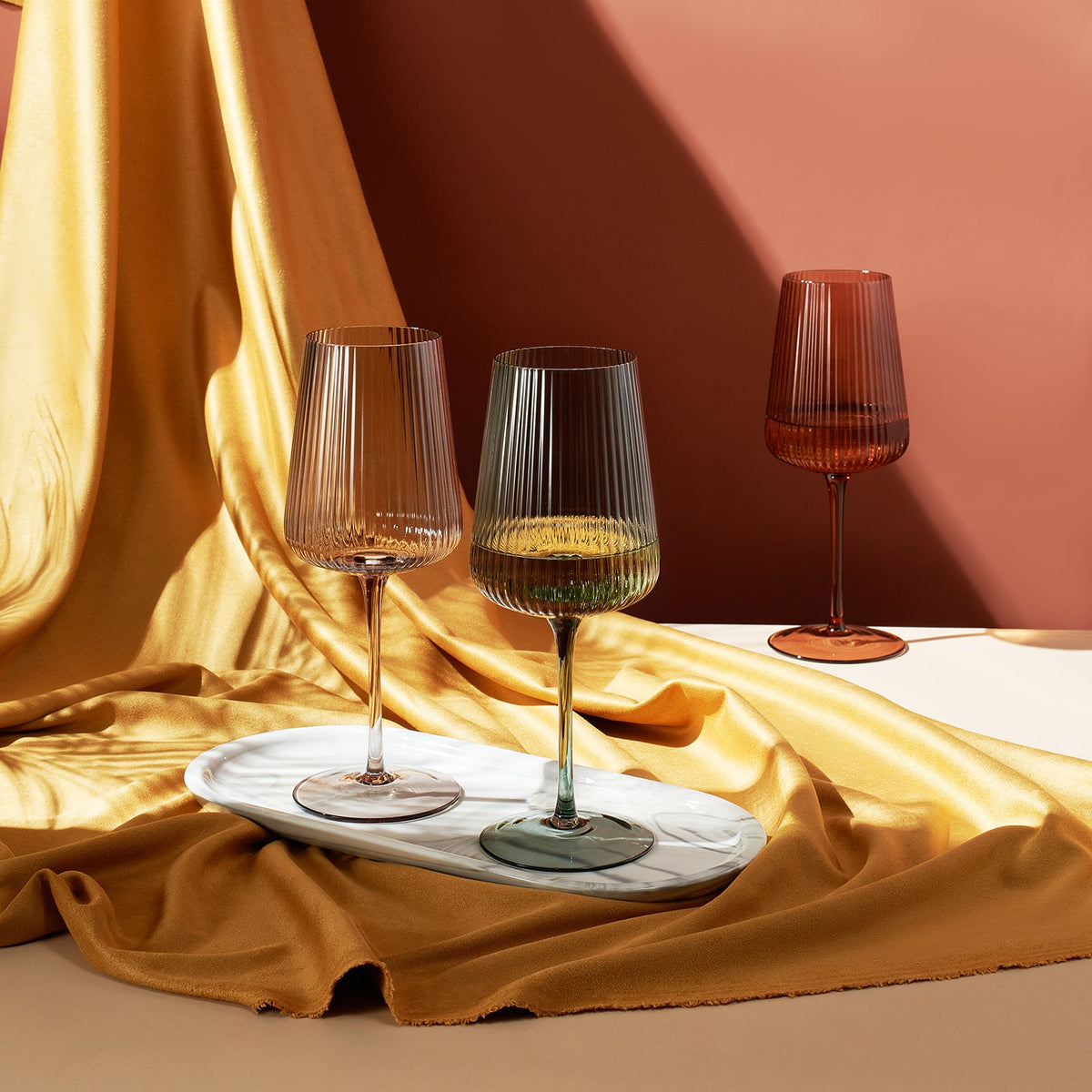 Tonal Ribbed Stemmed Wine Glasses, Set of 6, view 6