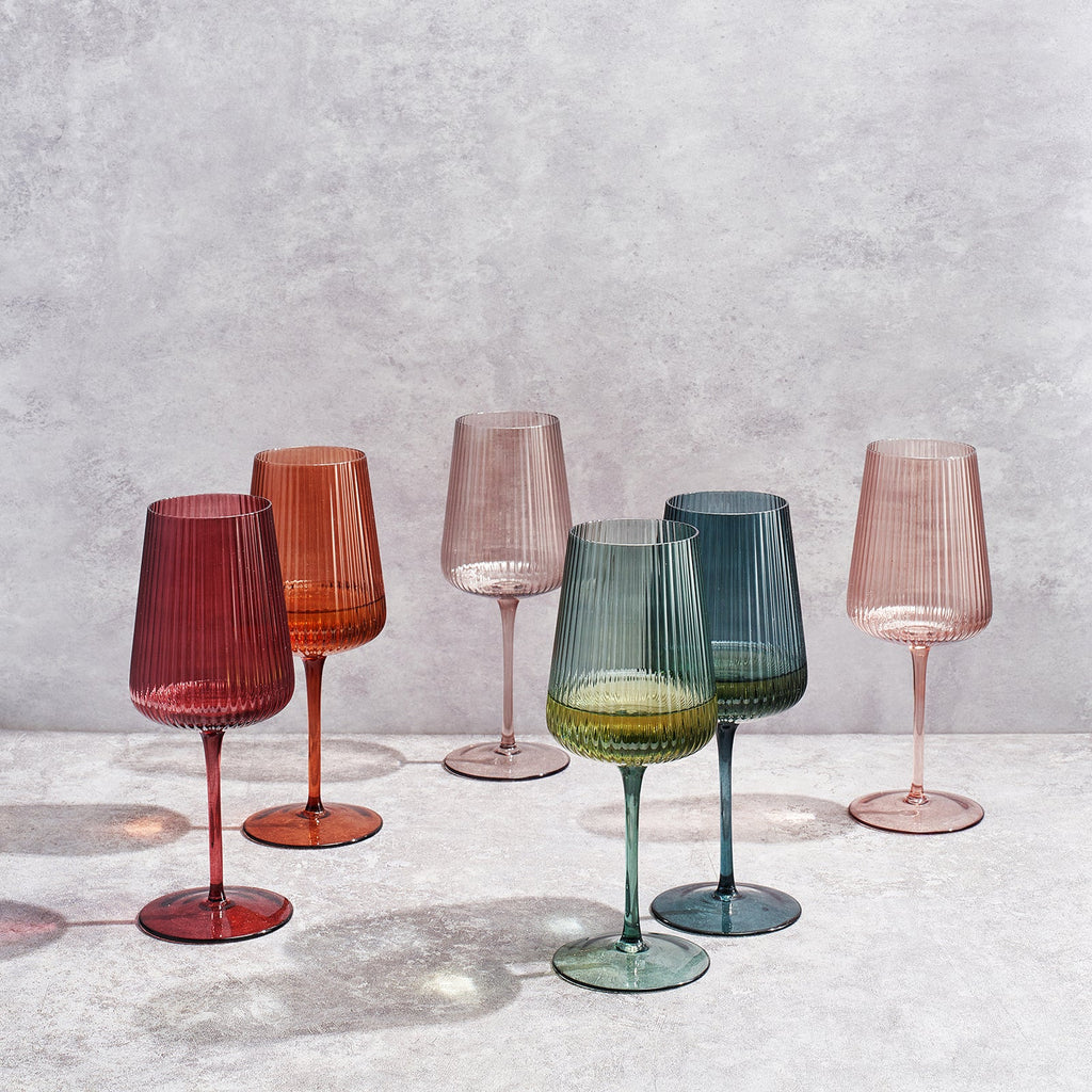 Tonal Ribbed Stemmed Wine Glasses, Set of 6, view 5