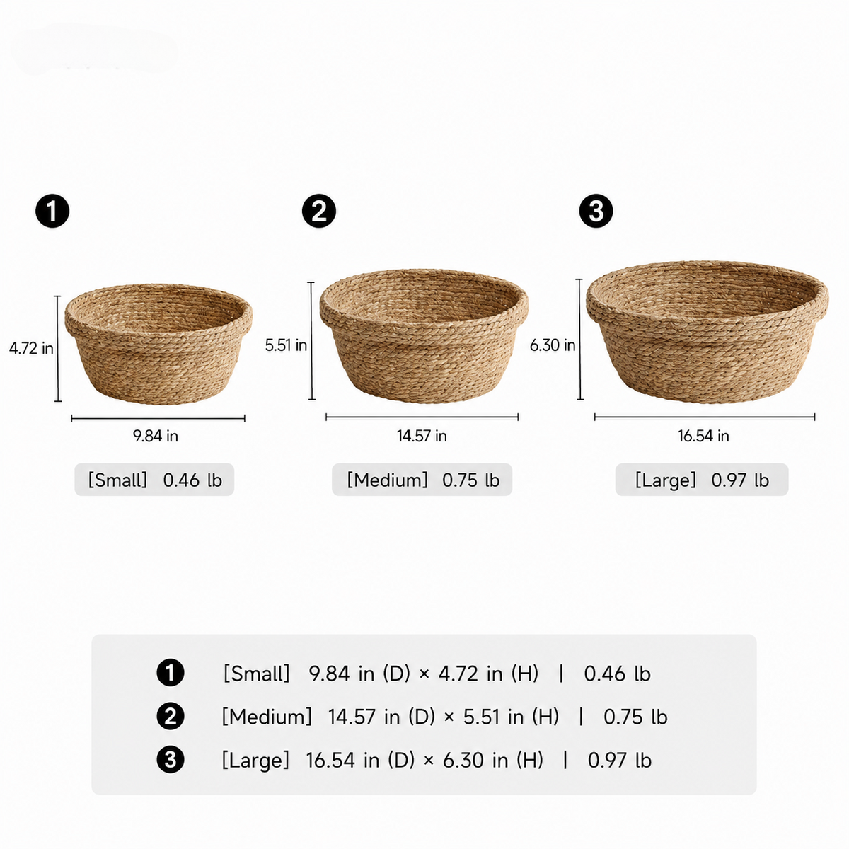 Size chart for the open woven straw basket in small, medium and large with widths and heights