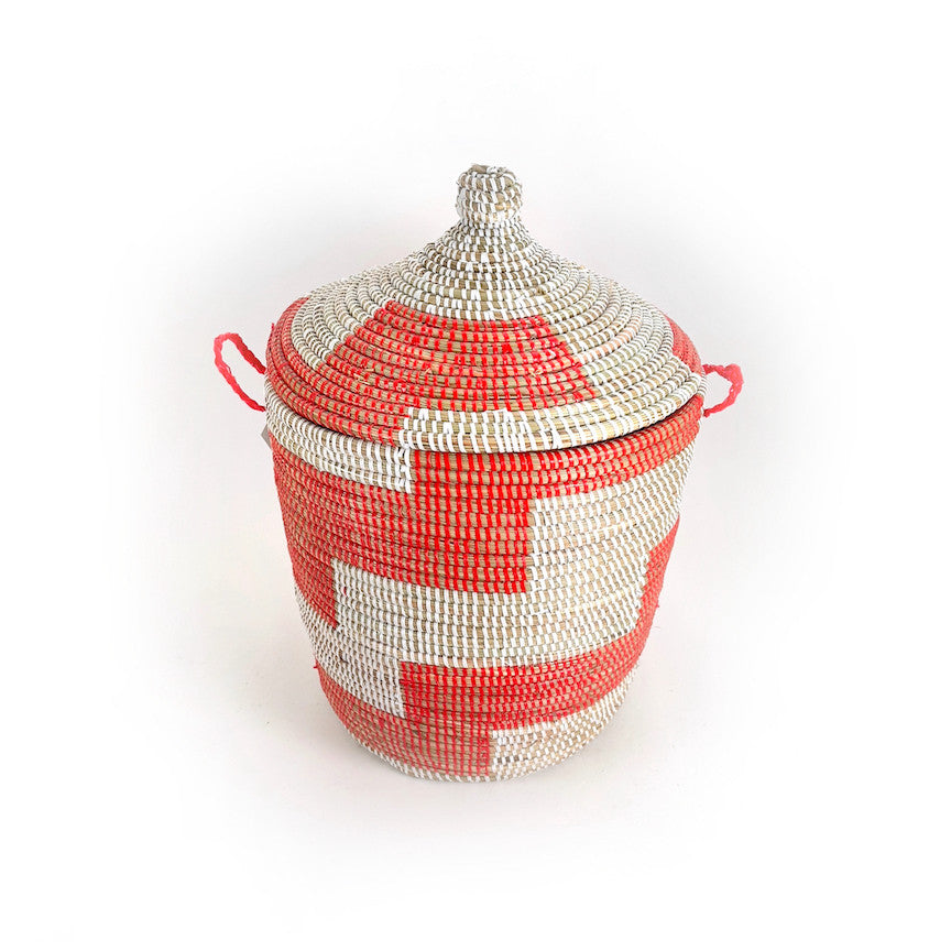 Red Stripe Handwoven Basket, Medium, detail view