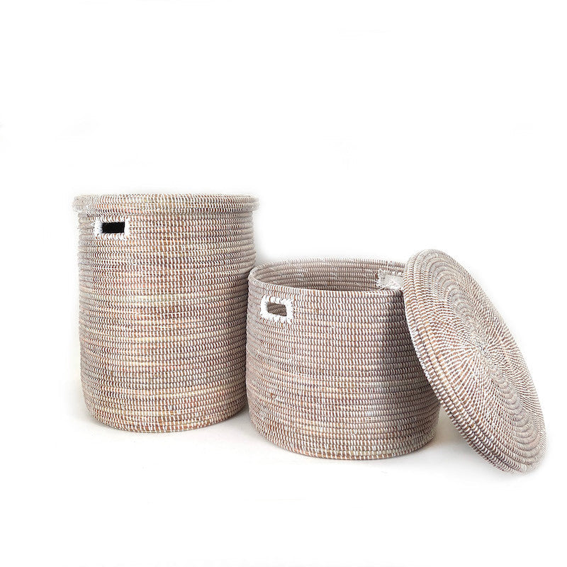 White Flat-Lid Woven Floor Basket, another angle