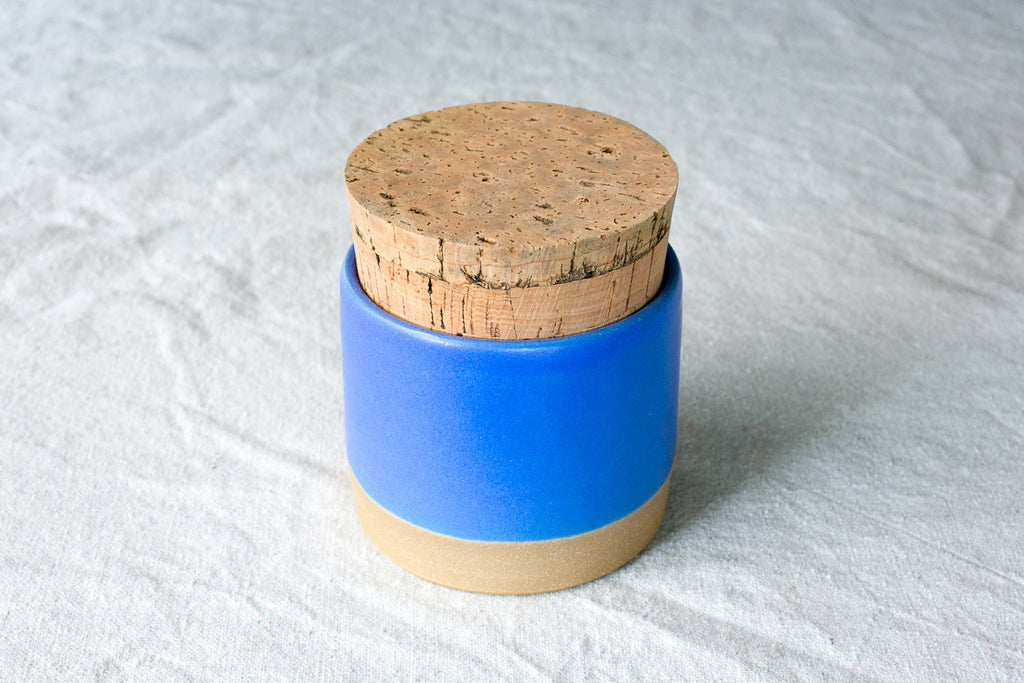 Hand-Thrown Stoneware Salt Jar with Cork Lid in a detail view showing surface texture and finish up close