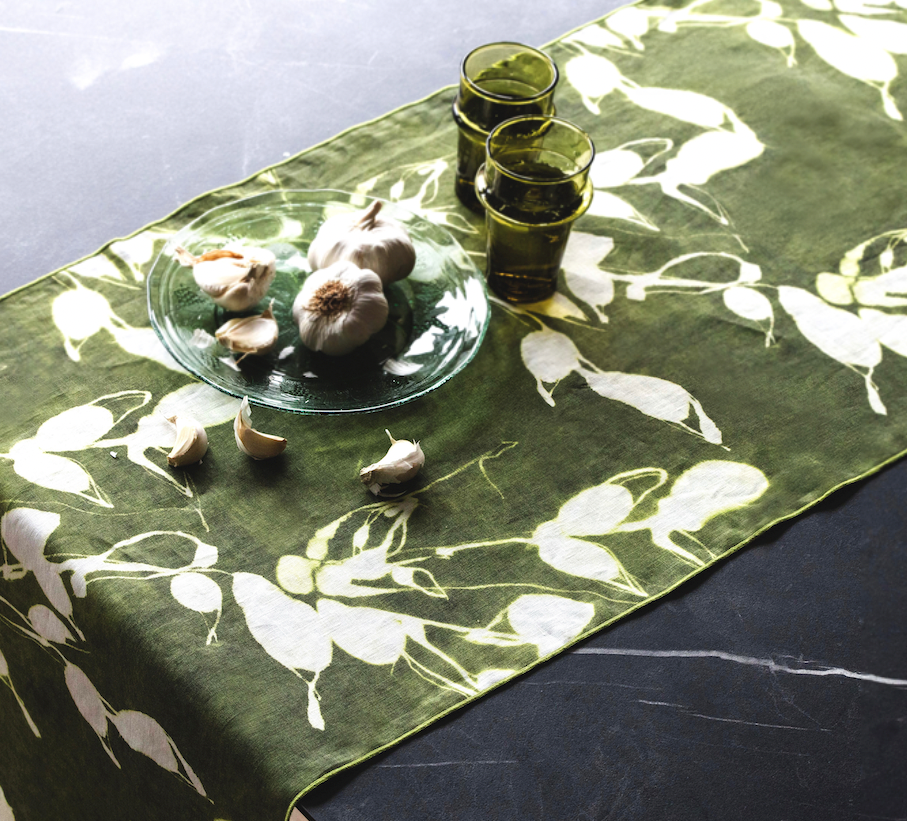 Porto Print Olive Linen Table Runner, alternate view