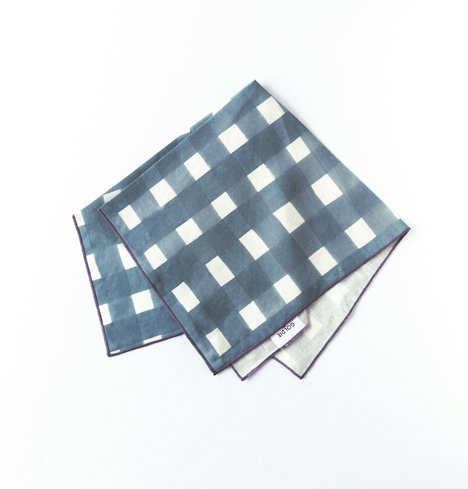Blue Cross-Hatch Linen Dinner Napkin, detail view