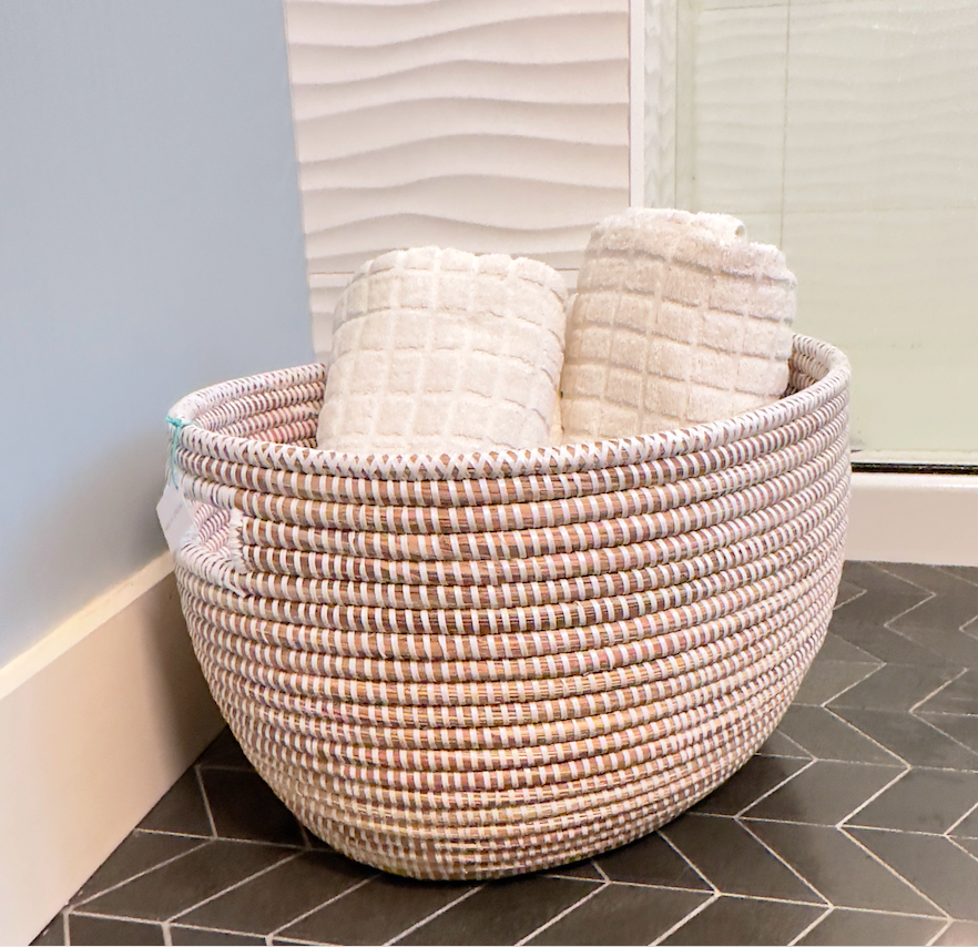 White Oval Handwoven Basket, detail view