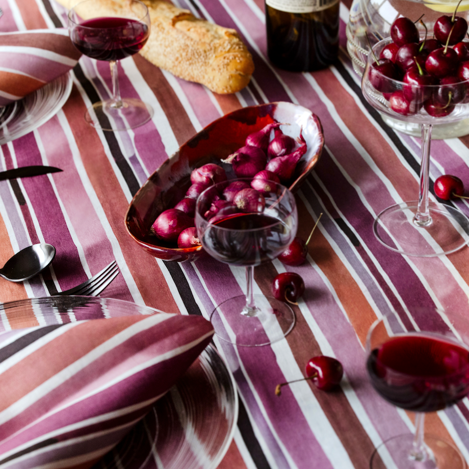 Hand-Painted Lisbon Stripe Linen Tablecloth, alternate view