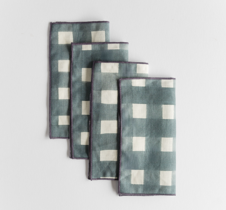 Blue Cross-Hatch Linen Napkins, Set of 4, detail view