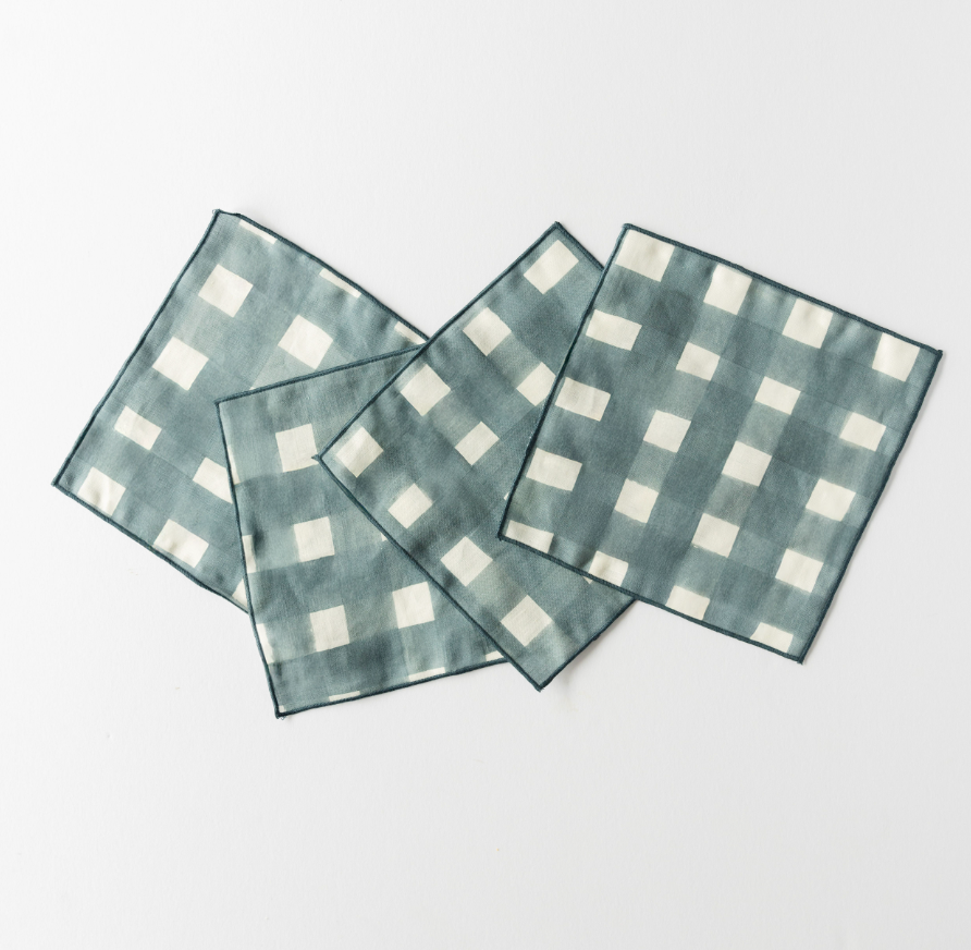 Blue Cross-Hatch Linen Napkins, Set of 4