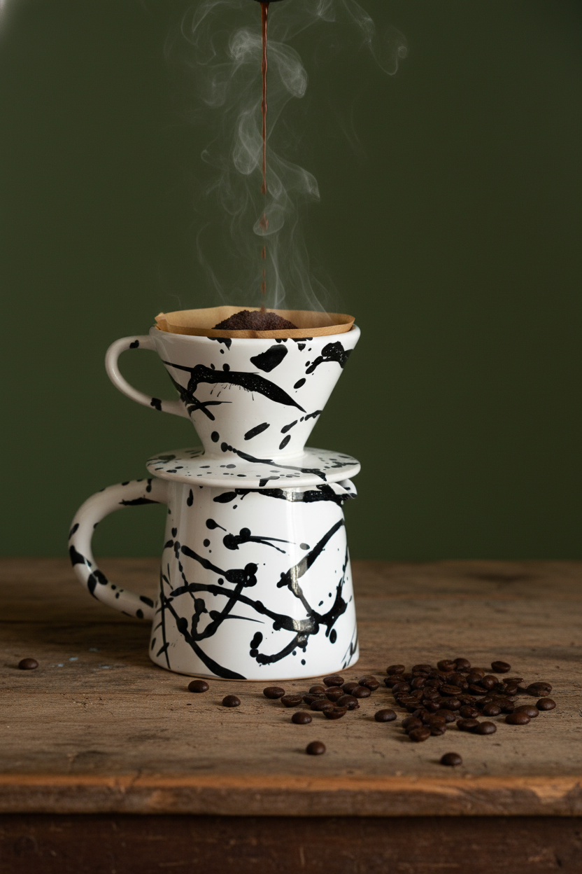 Steaming pour-over set brewing coffee on a dark wood board scattered with coffee beans