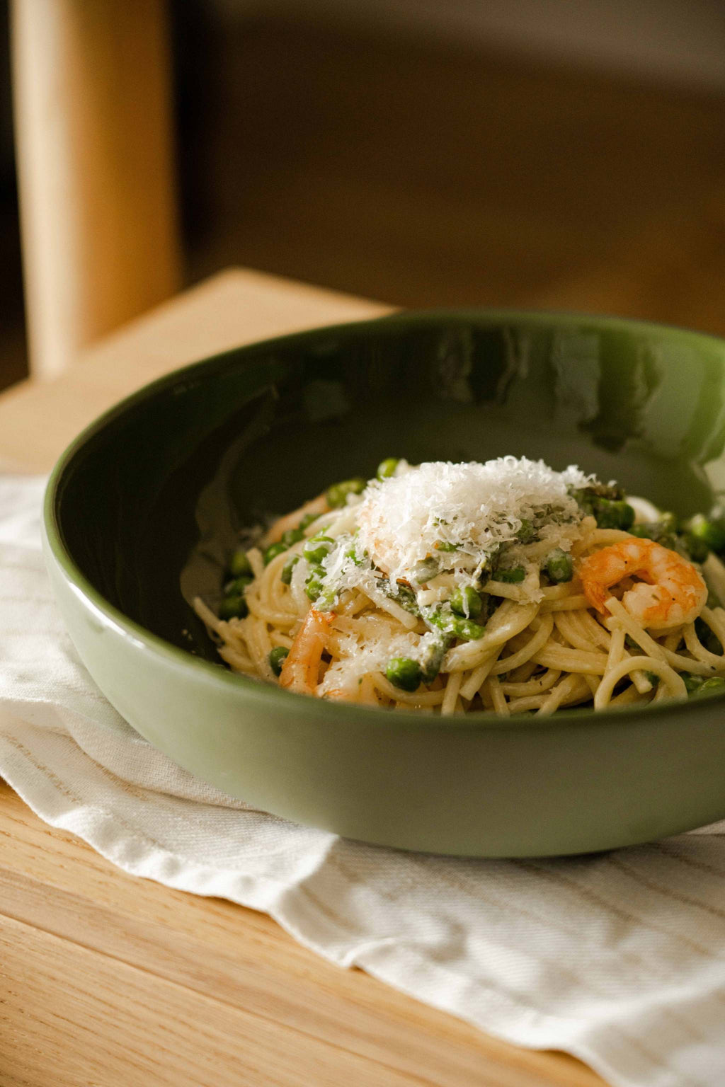 Handmade Porcelain Pasta Bowl, Green, detail view