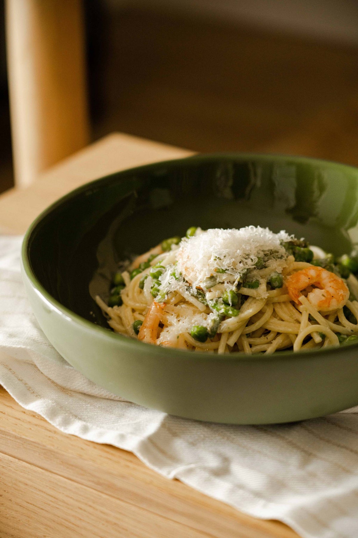 Handmade Porcelain Pasta Bowl, Green, detail view