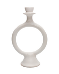 White satin glazed terracotta candle holder with an open ring shape shown on a black background