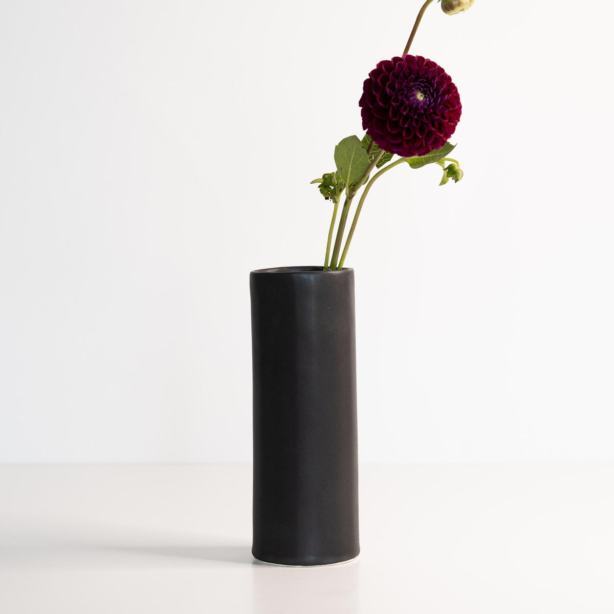 Slim Mica Black porcelain bud vase holding one deep red dahlia on a long stem against white