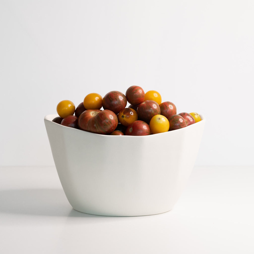 Medium Silk White porcelain bowl filled with mixed cherry tomatoes on a clean white backdrop