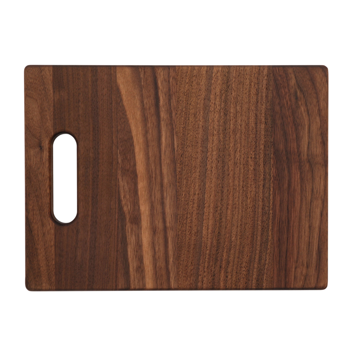 Walnut single handle cutting board, 12 x 9 in, overhead view with a pale stripe down the grain