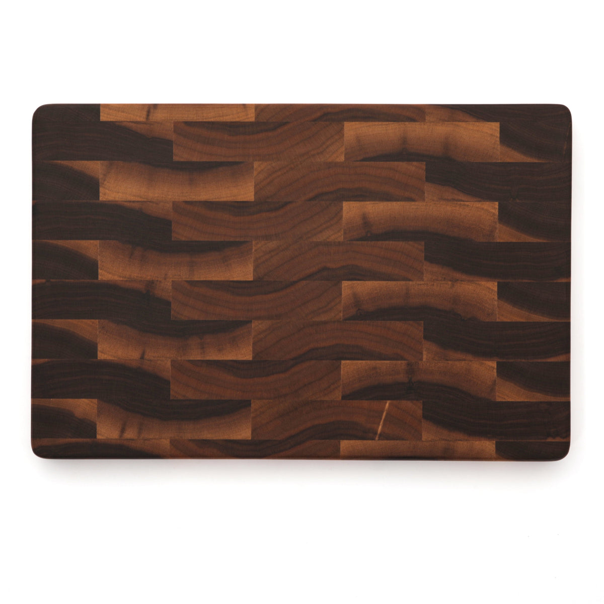 End grain walnut cutting board, 18 x 12 in, overhead view of the plain face with mixed light and dark blocks