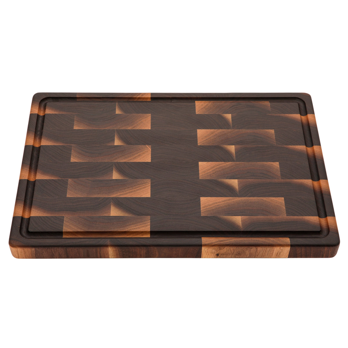 End grain walnut cutting board with a juice groove, 18 x 12 in, straight overhead view on white
