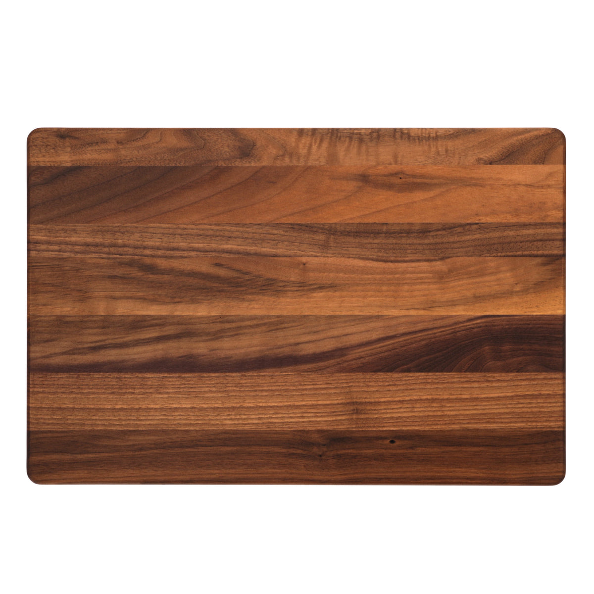 Walnut cutting board, 18 x 12 in, overhead view of the plain face with warm striped grain on white